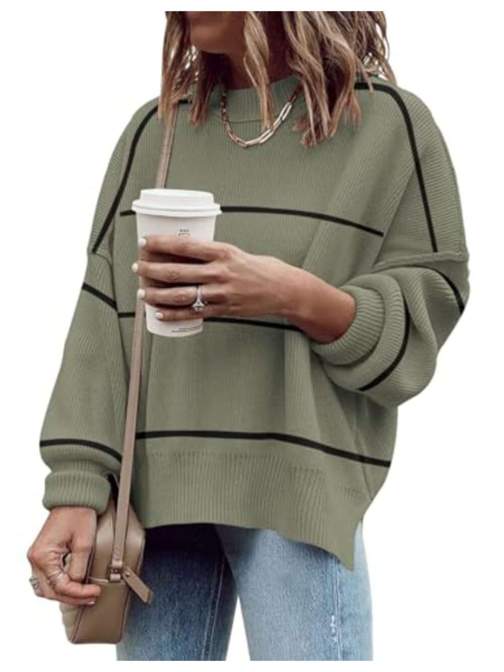 Oversized Ribbed Pullover Sweater Side Slit Batwing Sleeve Crewneck